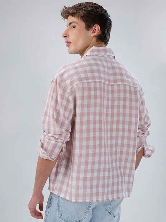 Peachy Pink Gingham Checks Boxy Fit Crop Shirt
