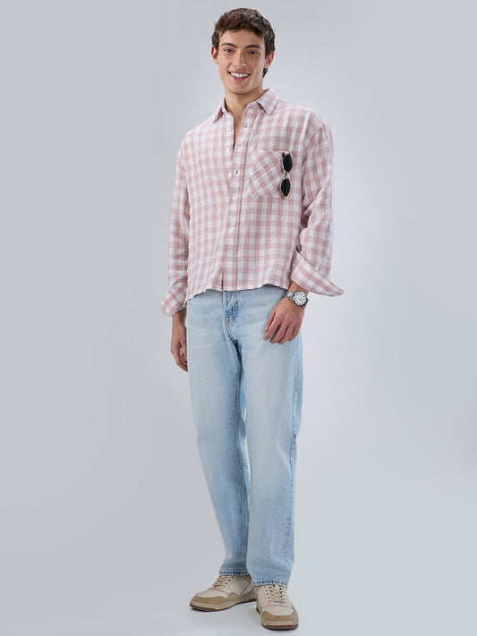 Peachy Pink Gingham Checks Boxy Fit Crop Shirt