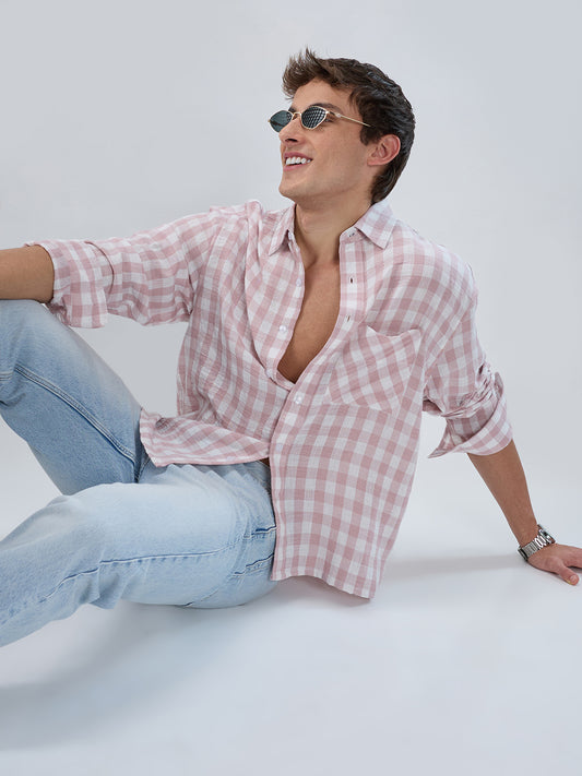 Peachy Pink Gingham Checks Boxy Fit Crop Shirt