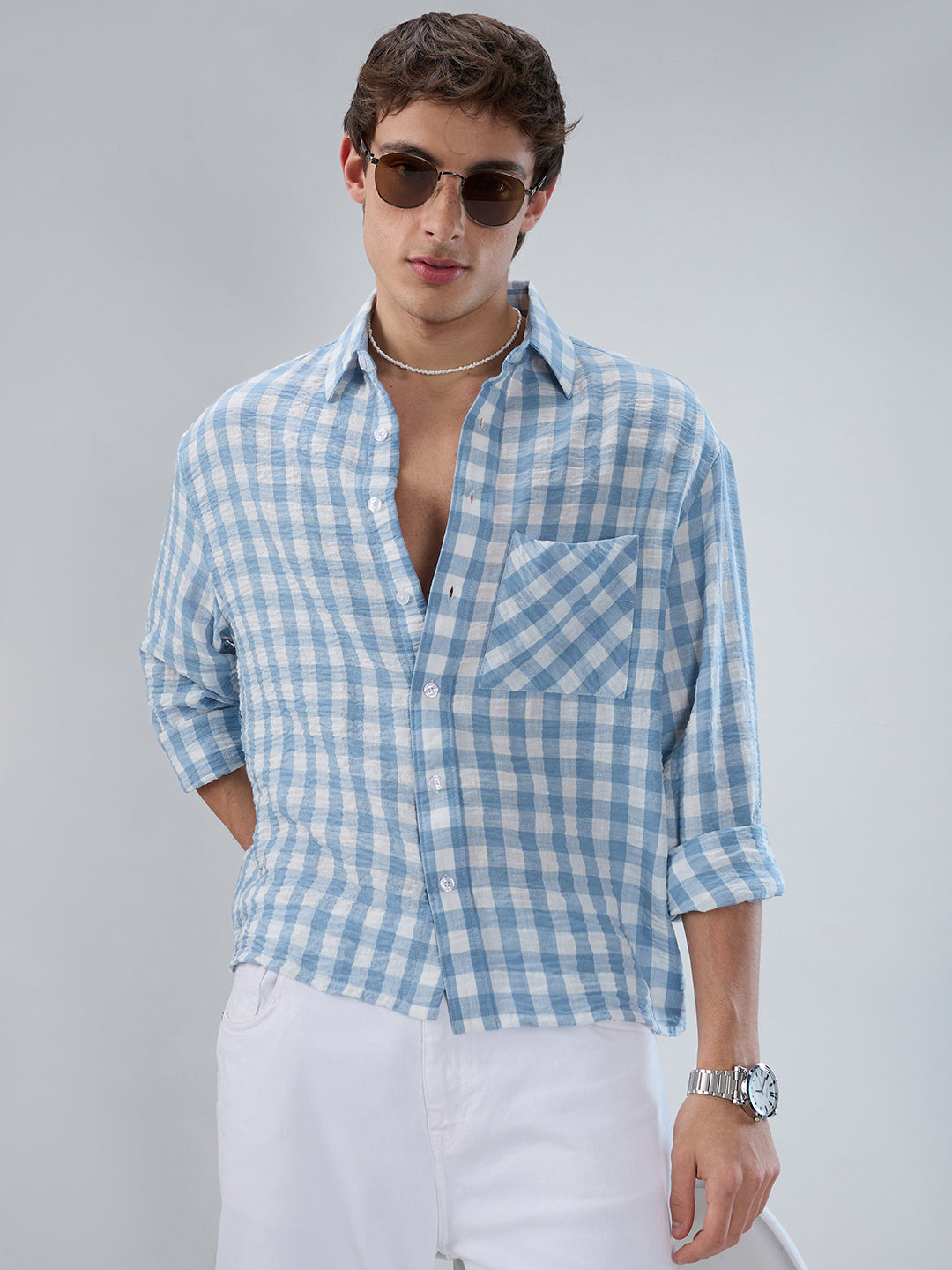 Powder Blue & White Ghingam Checks Boxy Fit Crop Shirt