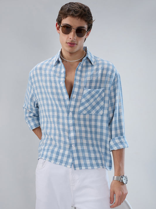 Powder Blue & White Ghingam Checks Boxy Fit Crop Shirt