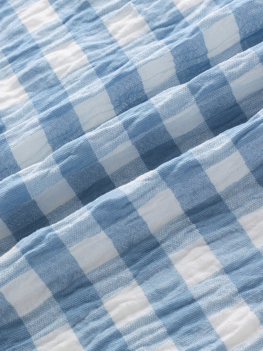 Powder Blue & White Ghingam Checks Boxy Fit Crop Shirt