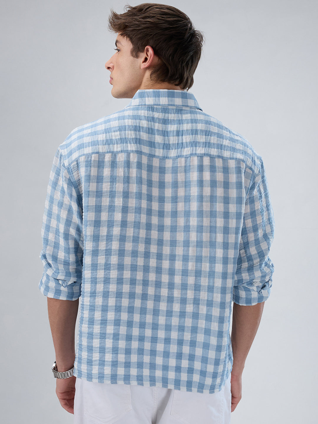 Powder Blue & White Ghingam Checks Boxy Fit Crop Shirt