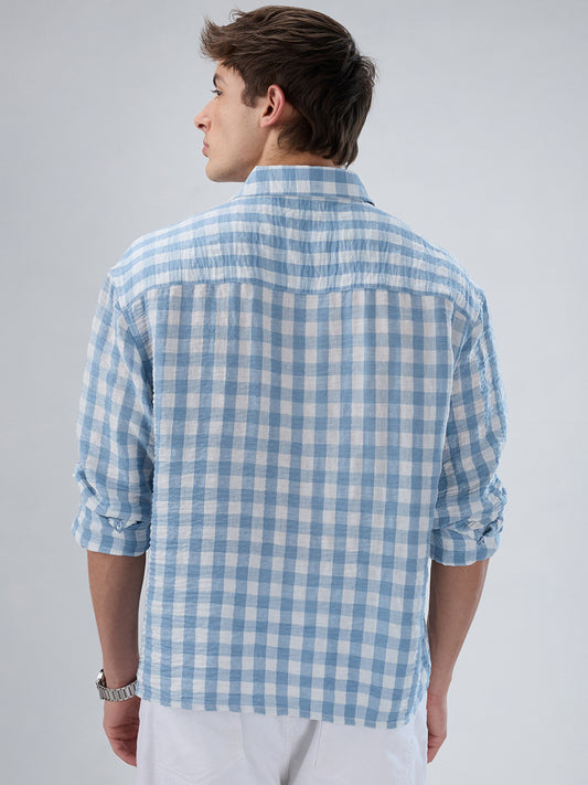 Powder Blue & White Ghingam Checks Boxy Fit Crop Shirt