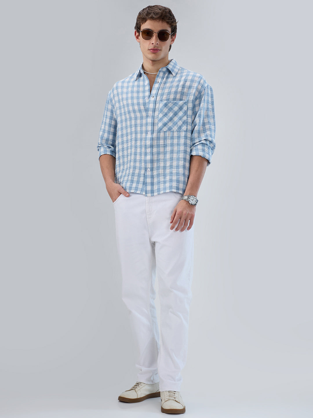 Powder Blue & White Ghingam Checks Boxy Fit Crop Shirt