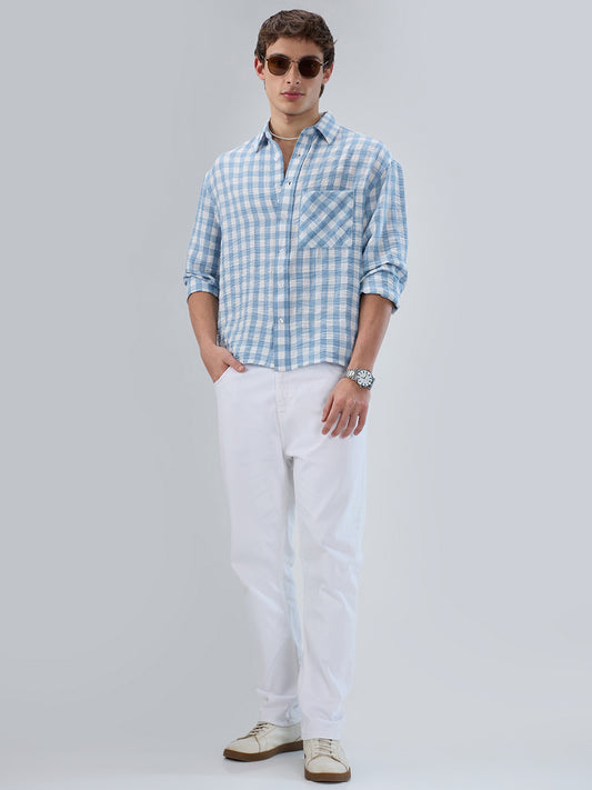 Powder Blue & White Ghingam Checks Boxy Fit Crop Shirt