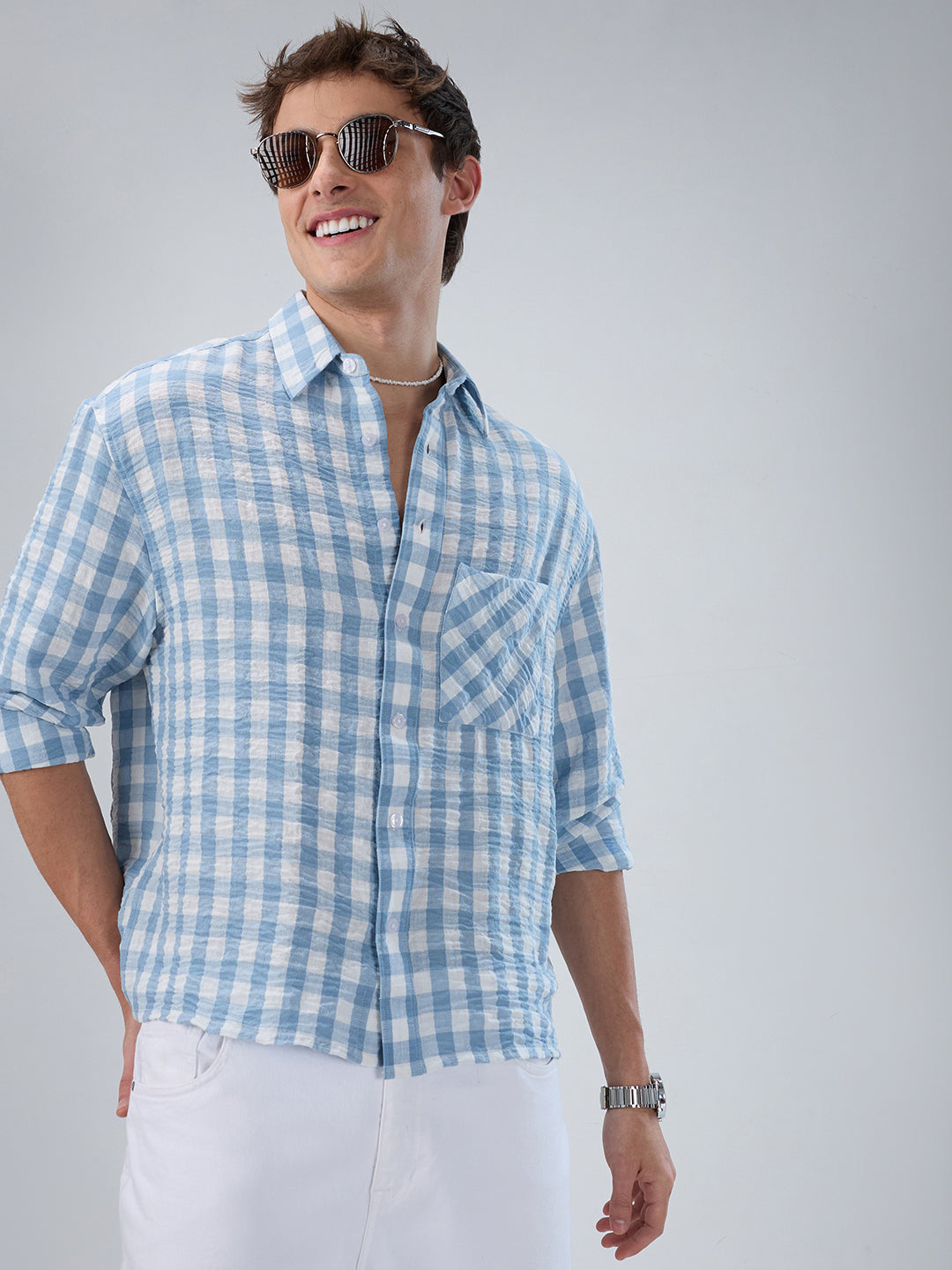 Powder Blue & White Ghingam Checks Boxy Fit Crop Shirt