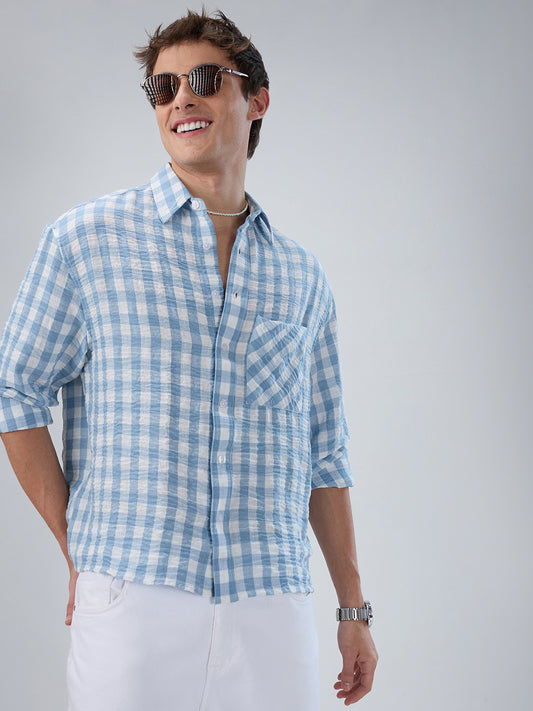 Powder Blue & White Ghingam Checks Boxy Fit Crop Shirt