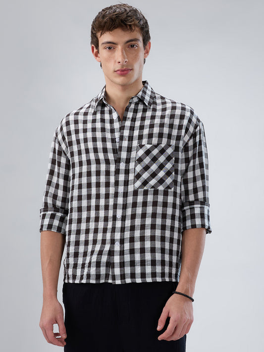 Slushy Monochrome Ghingam Checks Boxy Fit Crop Shirt