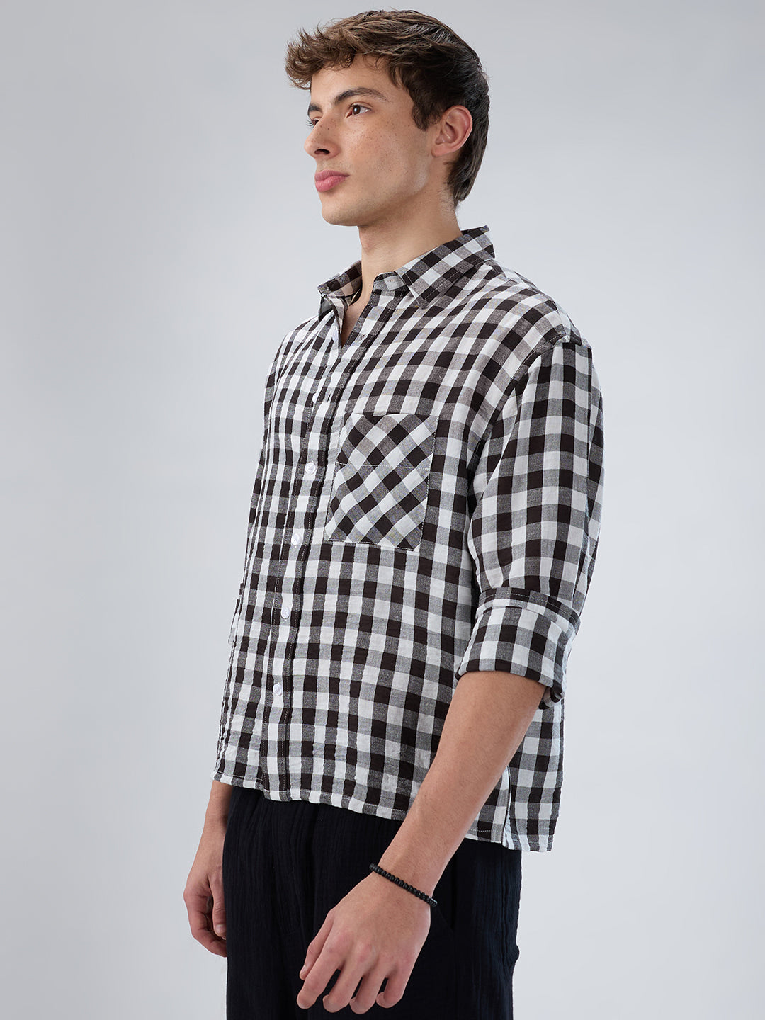 Slushy Monochrome Ghingam Checks Boxy Fit Crop Shirt
