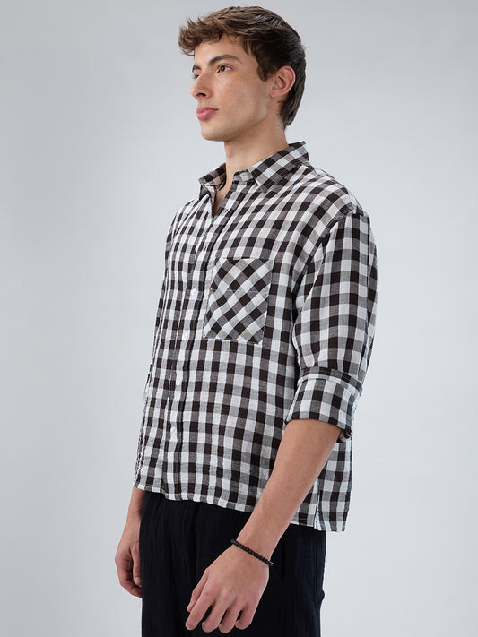 Slushy Monochrome Ghingam Checks Boxy Fit Crop Shirt