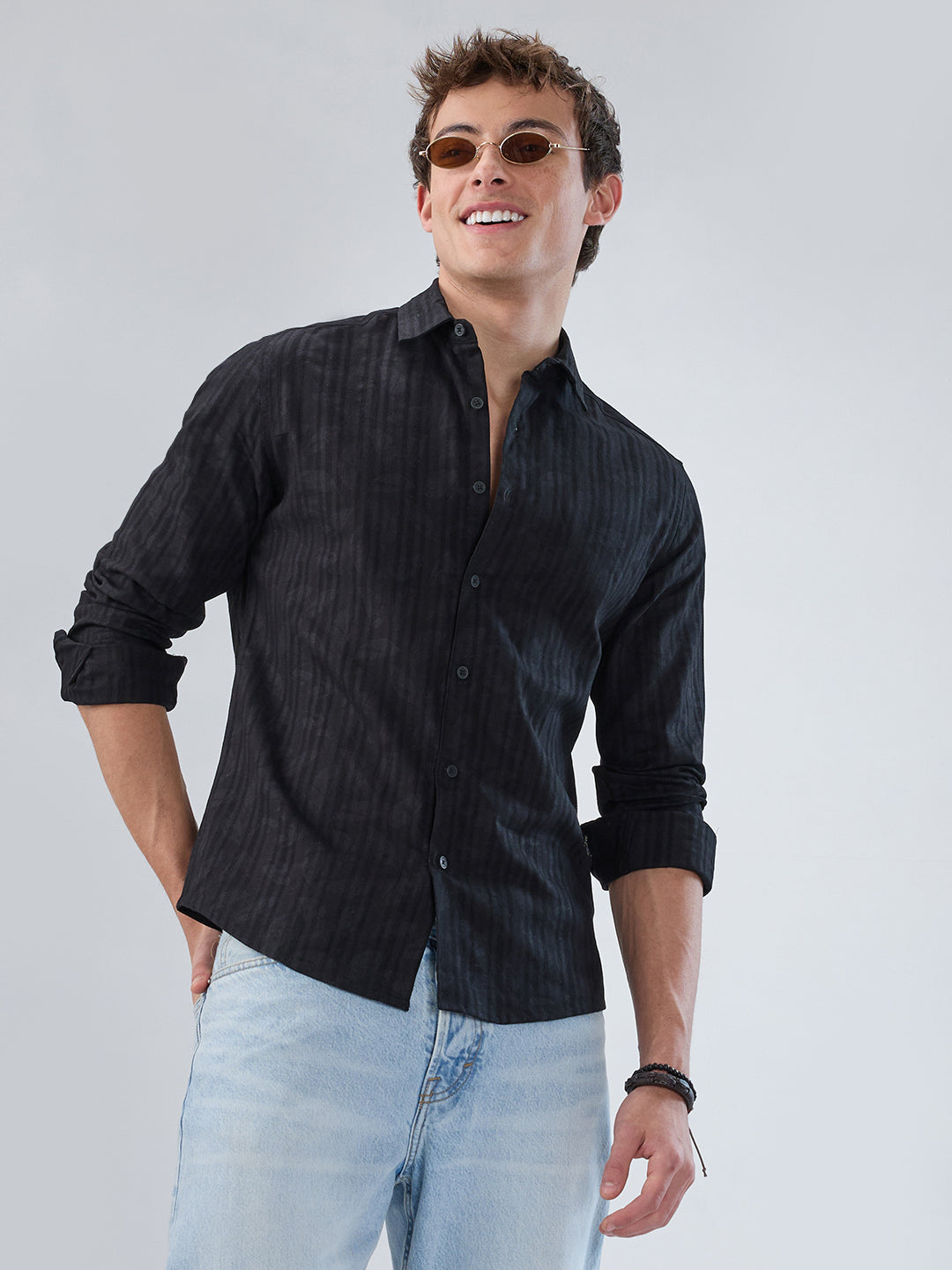Ink Black Floral Jacquard Printed Shirt