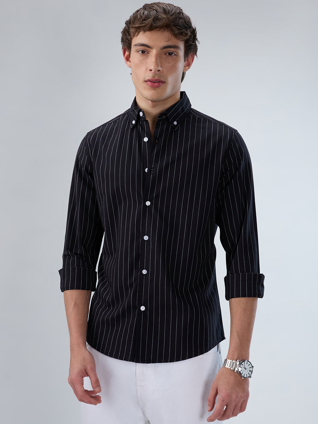 Black Balanced Striped Button Down Collar Shirt