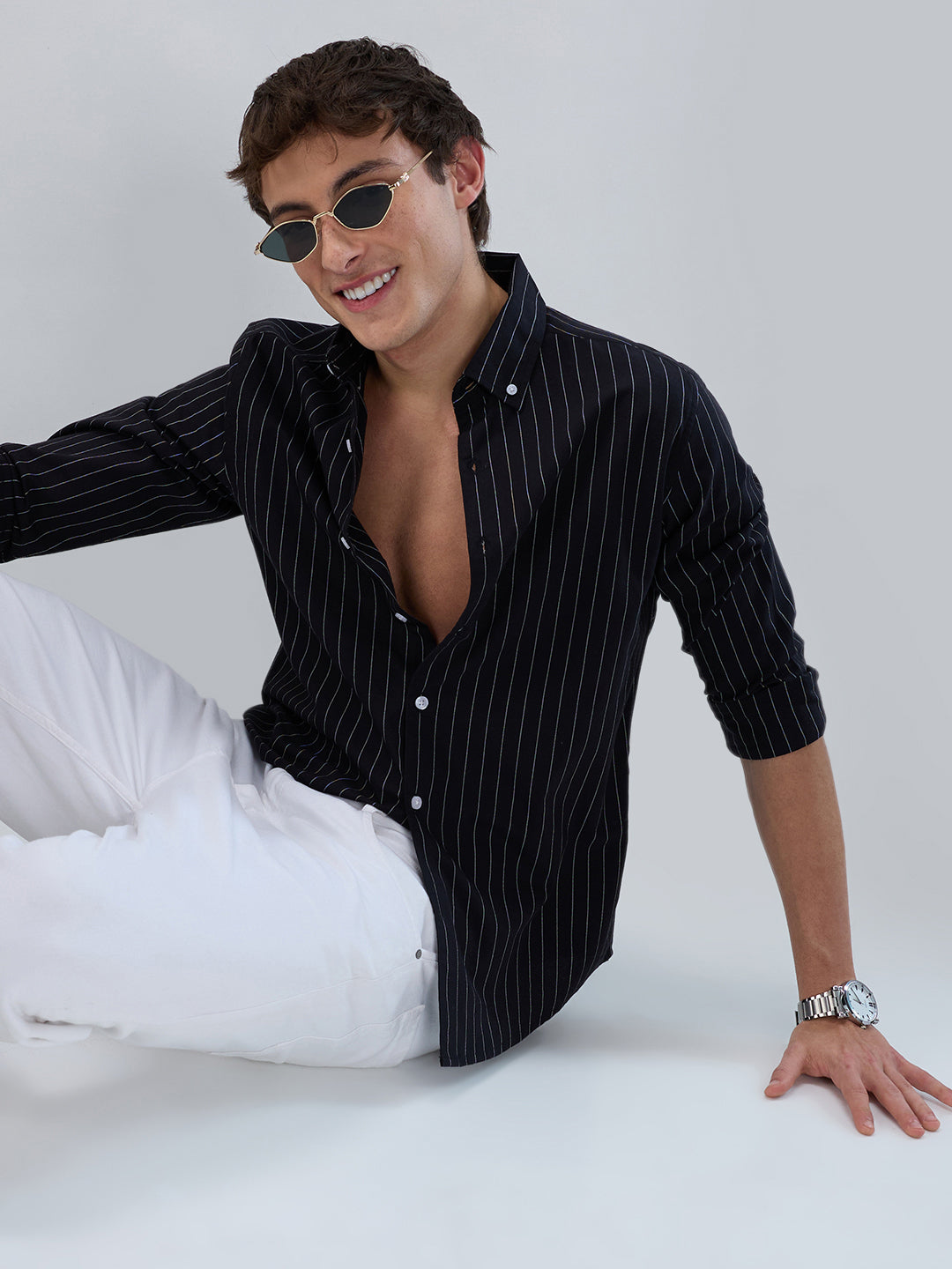 Black Balanced Striped Button Down Collar Shirt