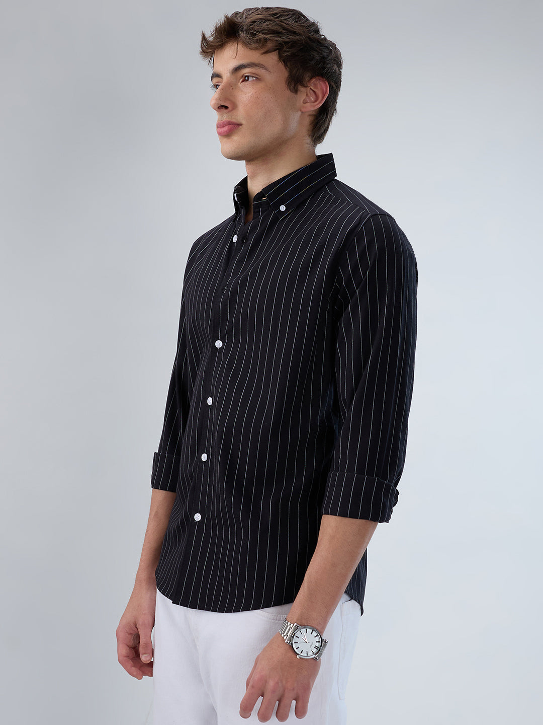 Black Balanced Striped Button Down Collar Shirt