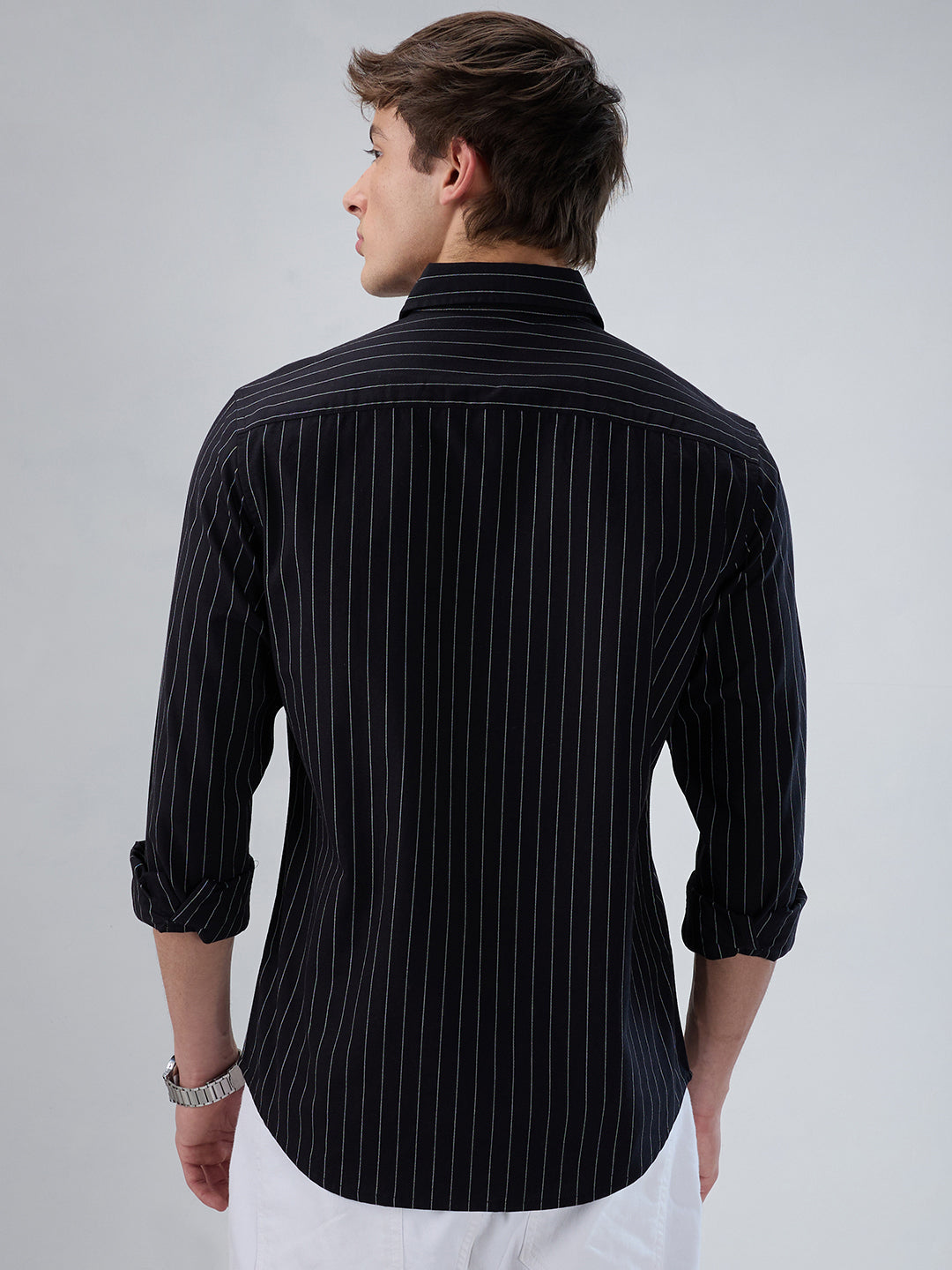 Black Balanced Striped Button Down Collar Shirt