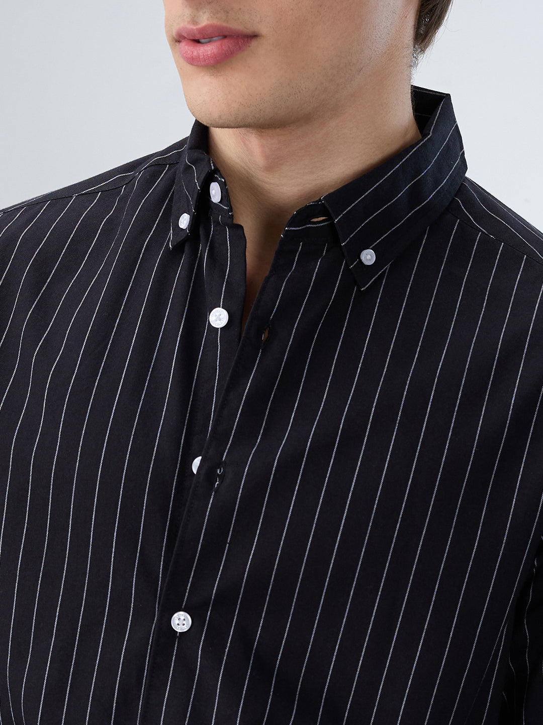 Black Balanced Striped Button Down Collar Shirt