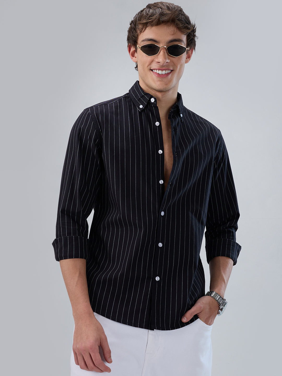 Black Balanced Striped Button Down Collar Shirt