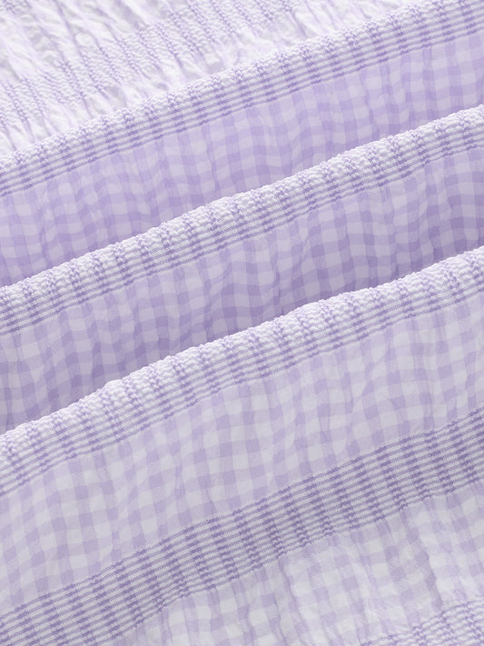 Purple Seersucker Gingham Checks Boxy Fit Crop Shirt