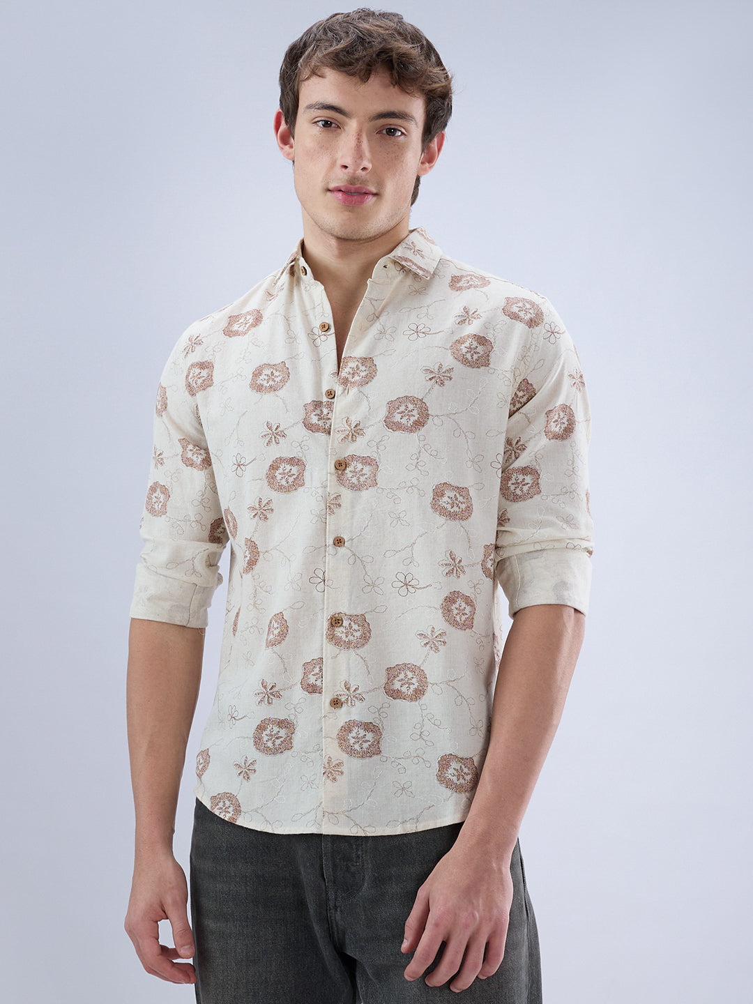 Intricate Soft Beige & Brown Botanical Bloom Linen Blend Shirt