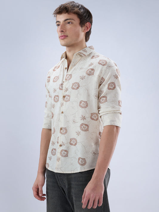 Intricate Soft Beige & Brown Botanical Bloom Linen Blend Shirt