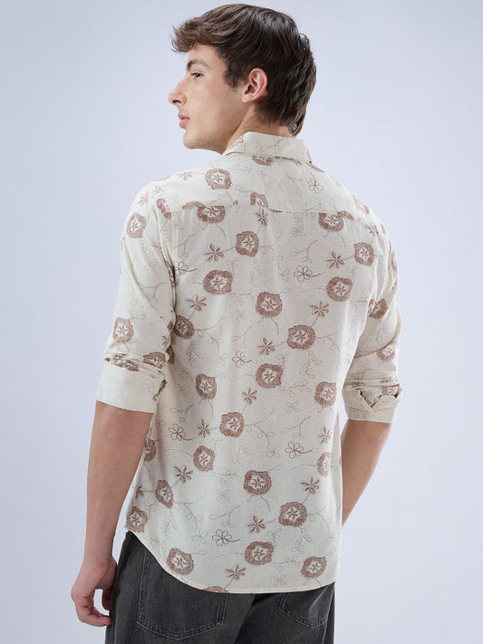 Intricate Soft Beige & Brown Botanical Bloom Linen Blend Shirt