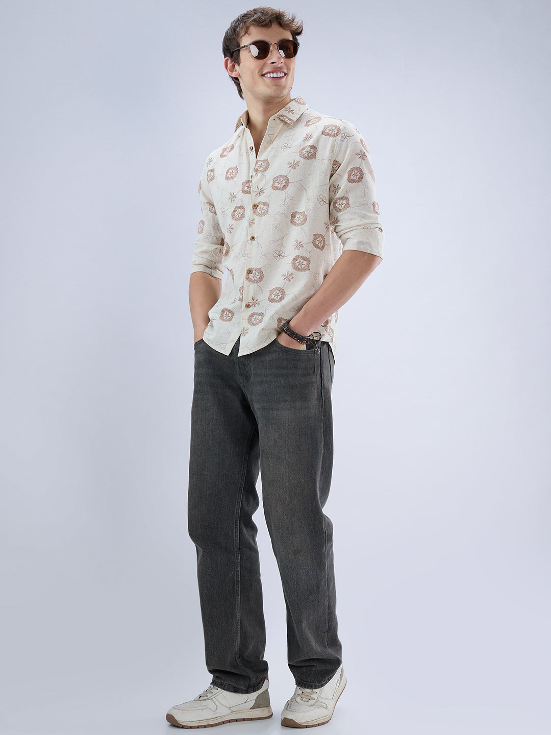 Intricate Soft Beige & Brown Botanical Bloom Linen Blend Shirt