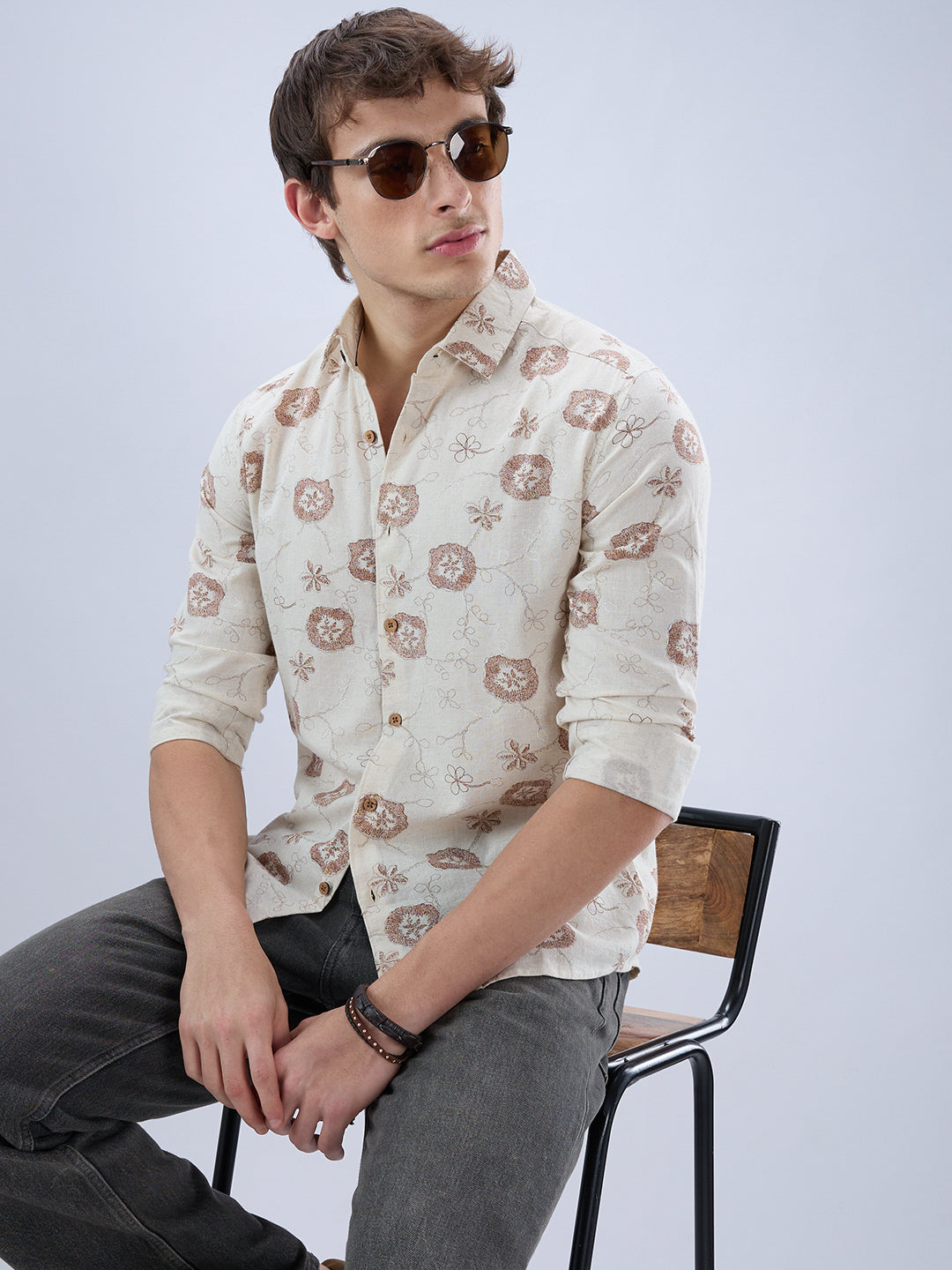 Intricate Soft Beige & Brown Botanical Bloom Linen Blend Shirt