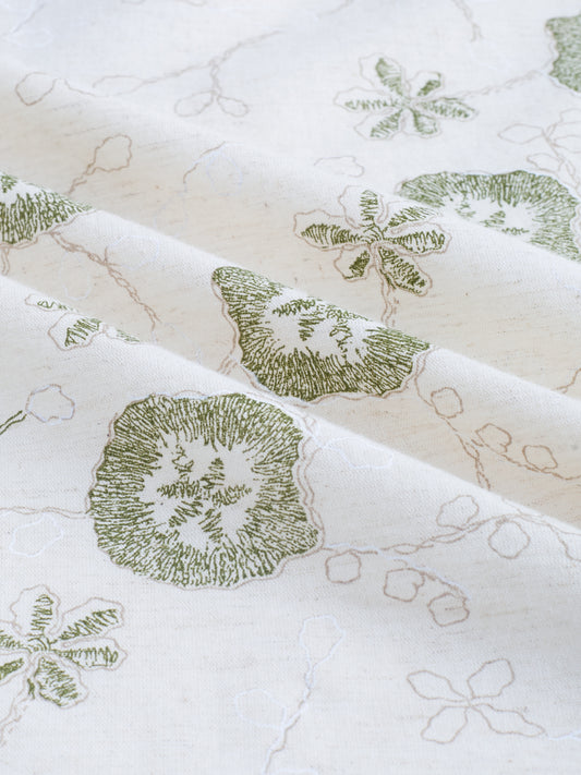 Elegant Warm Beige & Green Embroidered Linen Blend Statement Shirt