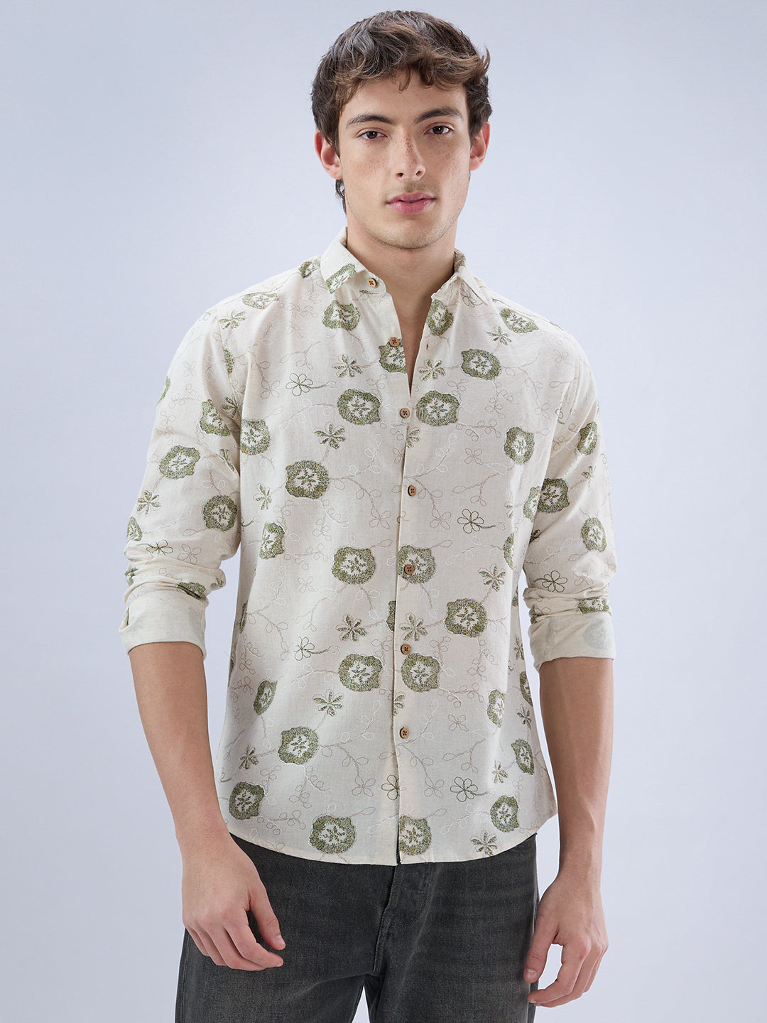 Elegant Warm Beige & Green Embroidered Linen Blend Statement Shirt