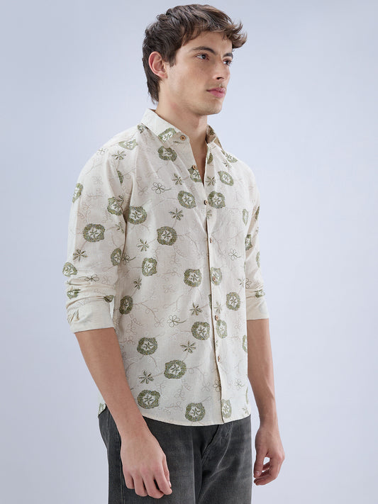 Elegant Warm Beige & Green Embroidered Linen Blend Statement Shirt