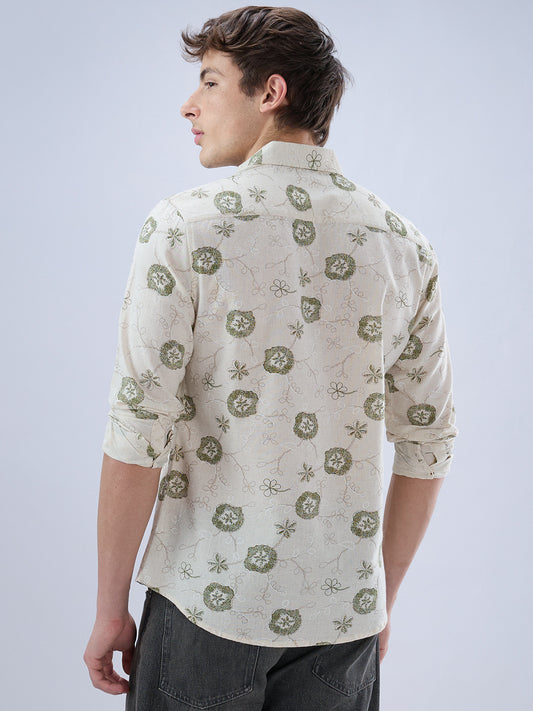 Elegant Warm Beige & Green Embroidered Linen Blend Statement Shirt