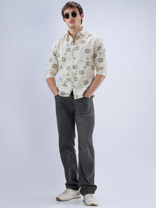 Elegant Warm Beige & Green Embroidered Linen Blend Statement Shirt