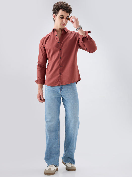 Brick Red Textured Knit Shirt