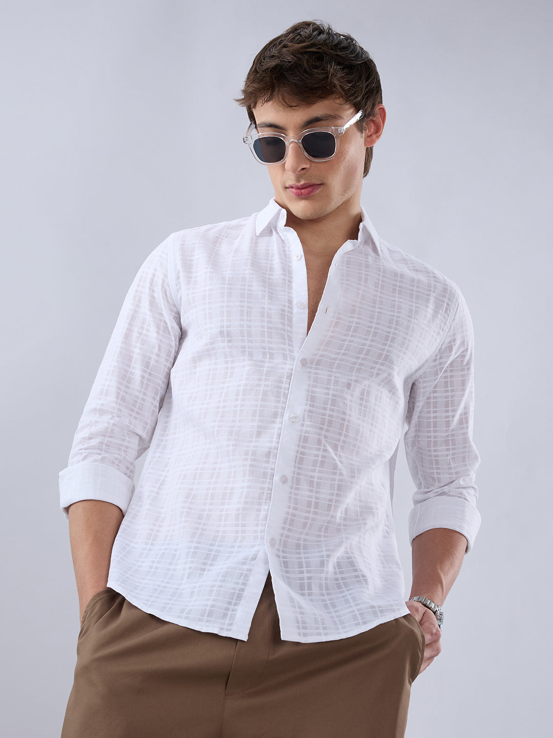 Pearl White Textured Sheer Checks Shirt