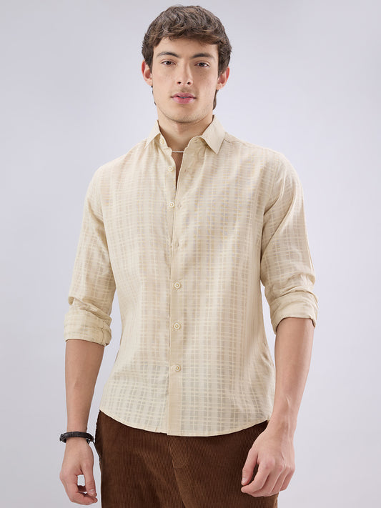 Casual Beige Textured Striped Shirt