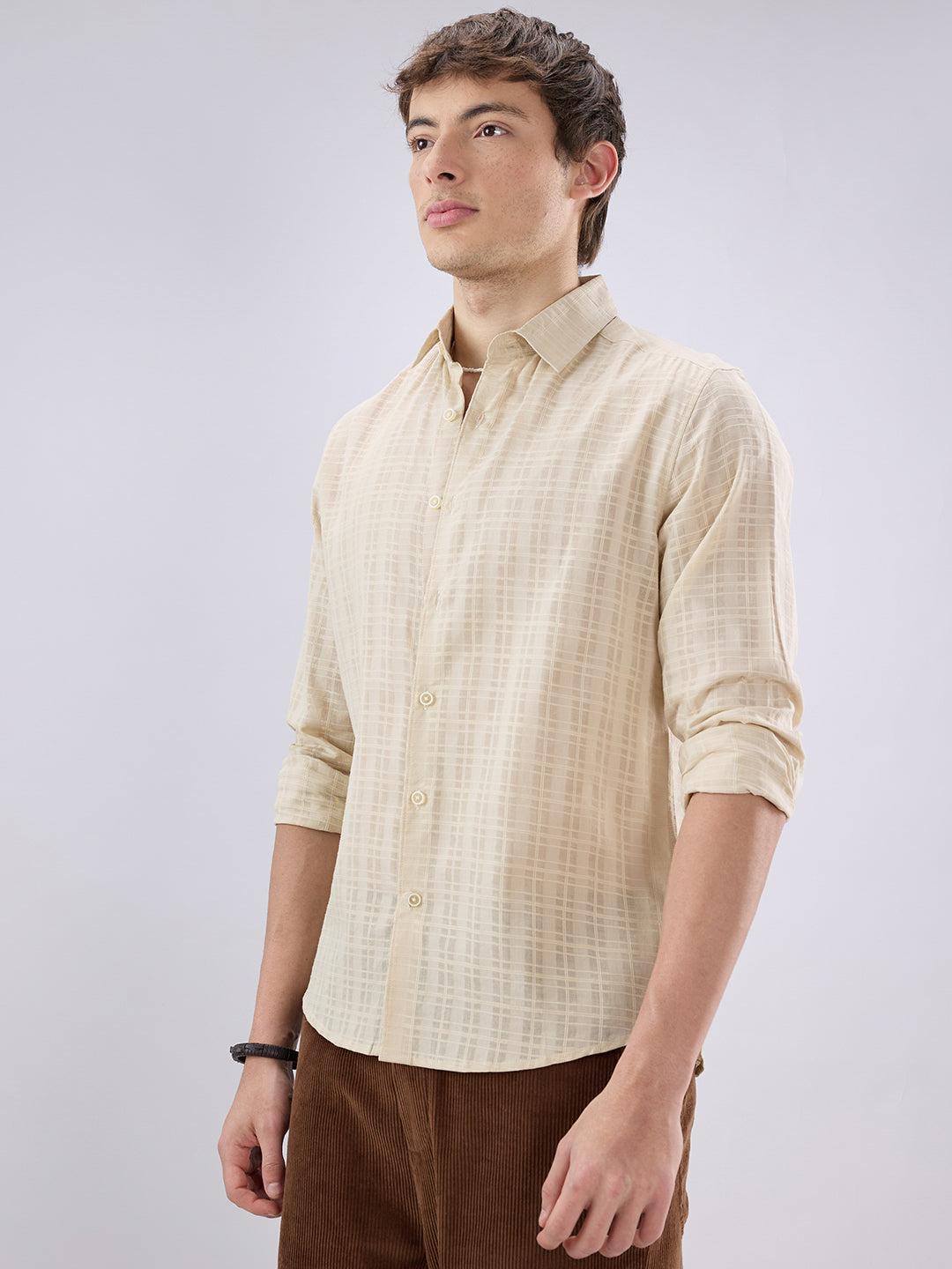 Casual Beige Textured Striped Shirt