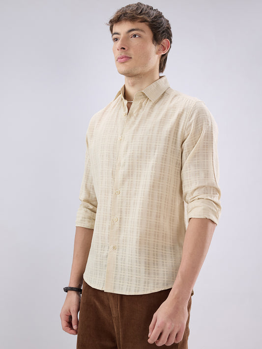 Casual Beige Textured Striped Shirt