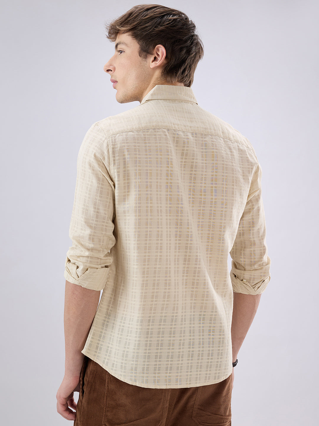 Casual Beige Textured Striped Shirt