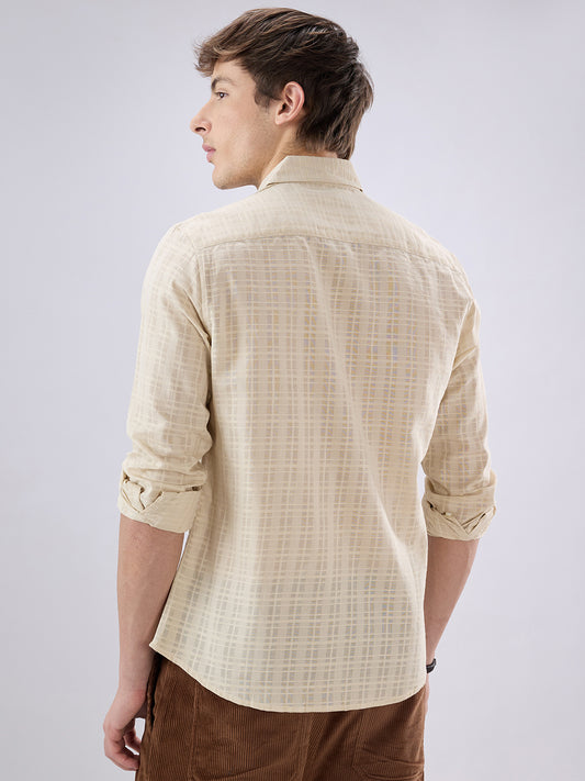 Casual Beige Textured Striped Shirt