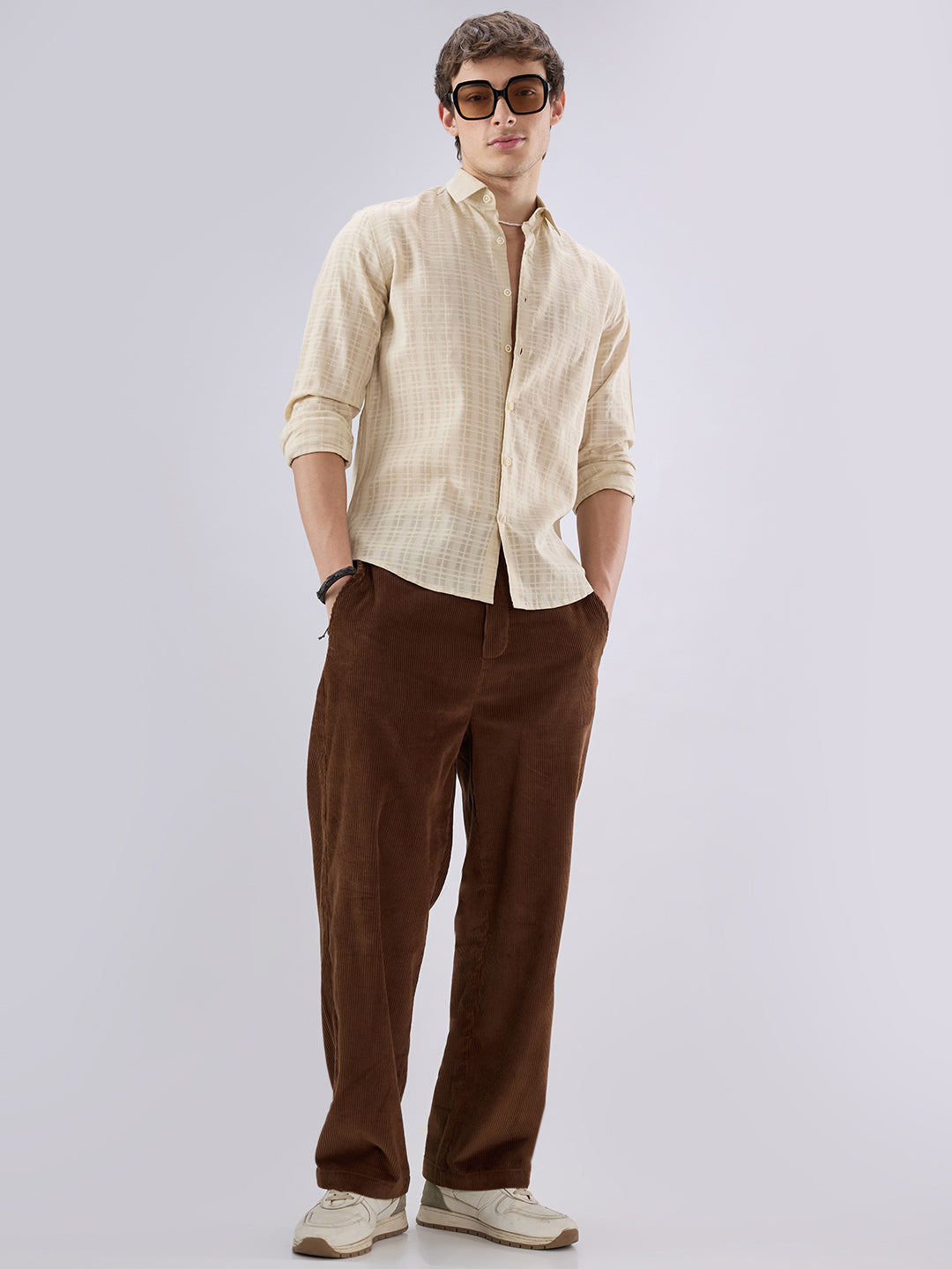 Casual Beige Textured Striped Shirt