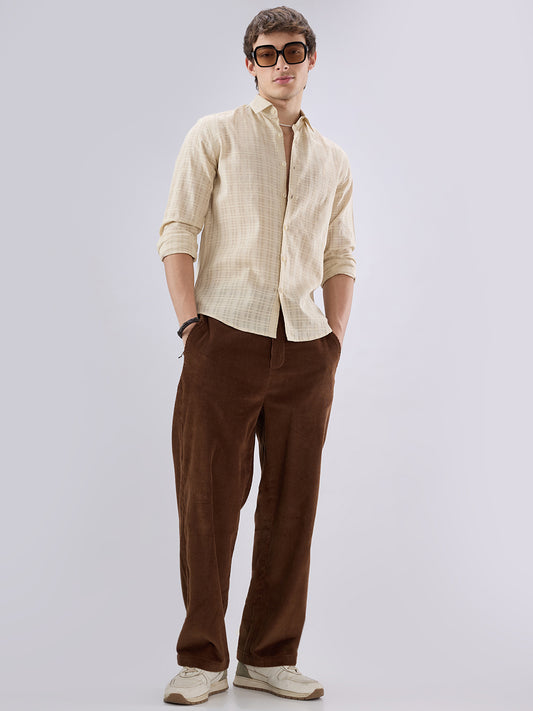 Casual Beige Textured Striped Shirt