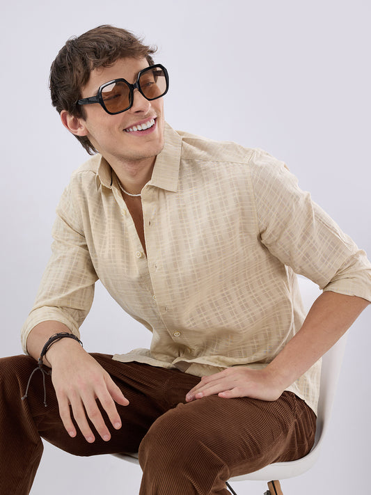 Casual Beige Textured Striped Shirt