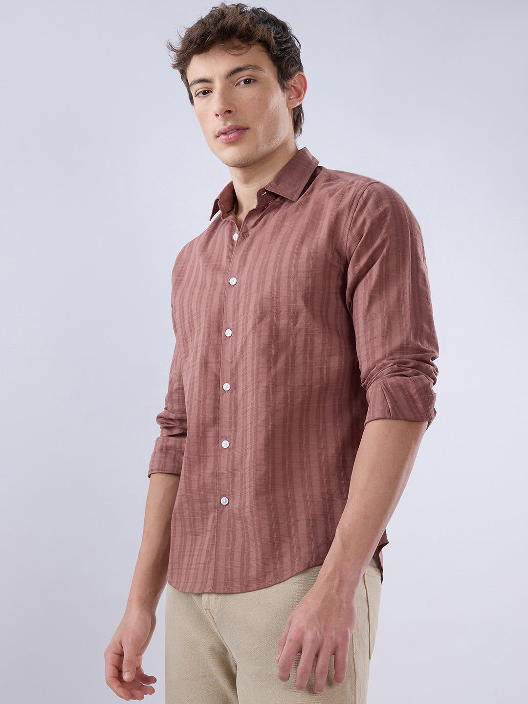 Cinnamon Brown Textured Striped Shirt