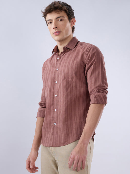 Cinnamon Brown Textured Striped Shirt