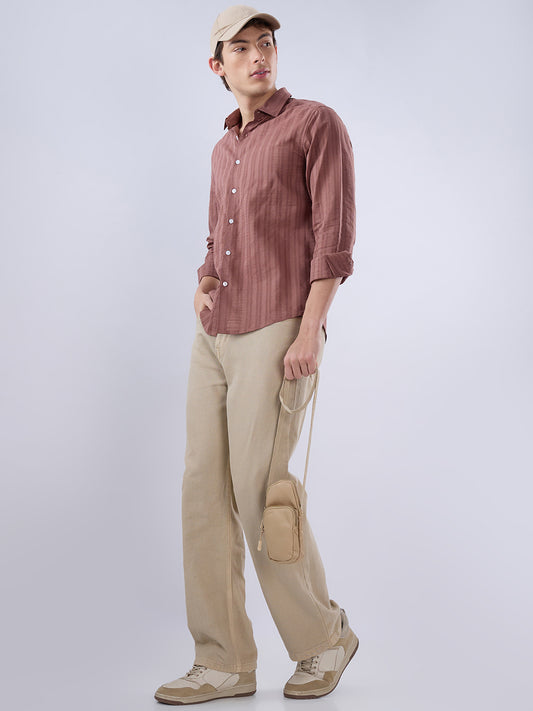 Cinnamon Brown Textured Striped Shirt