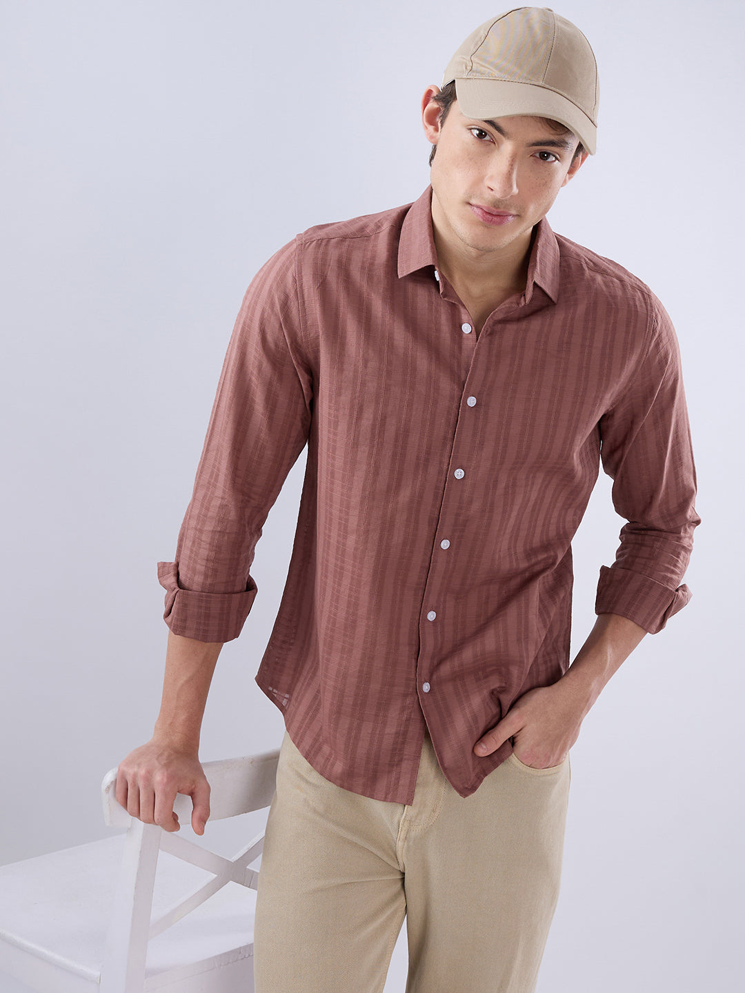 Cinnamon Brown Textured Striped Shirt