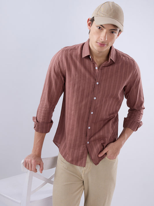 Cinnamon Brown Textured Striped Shirt
