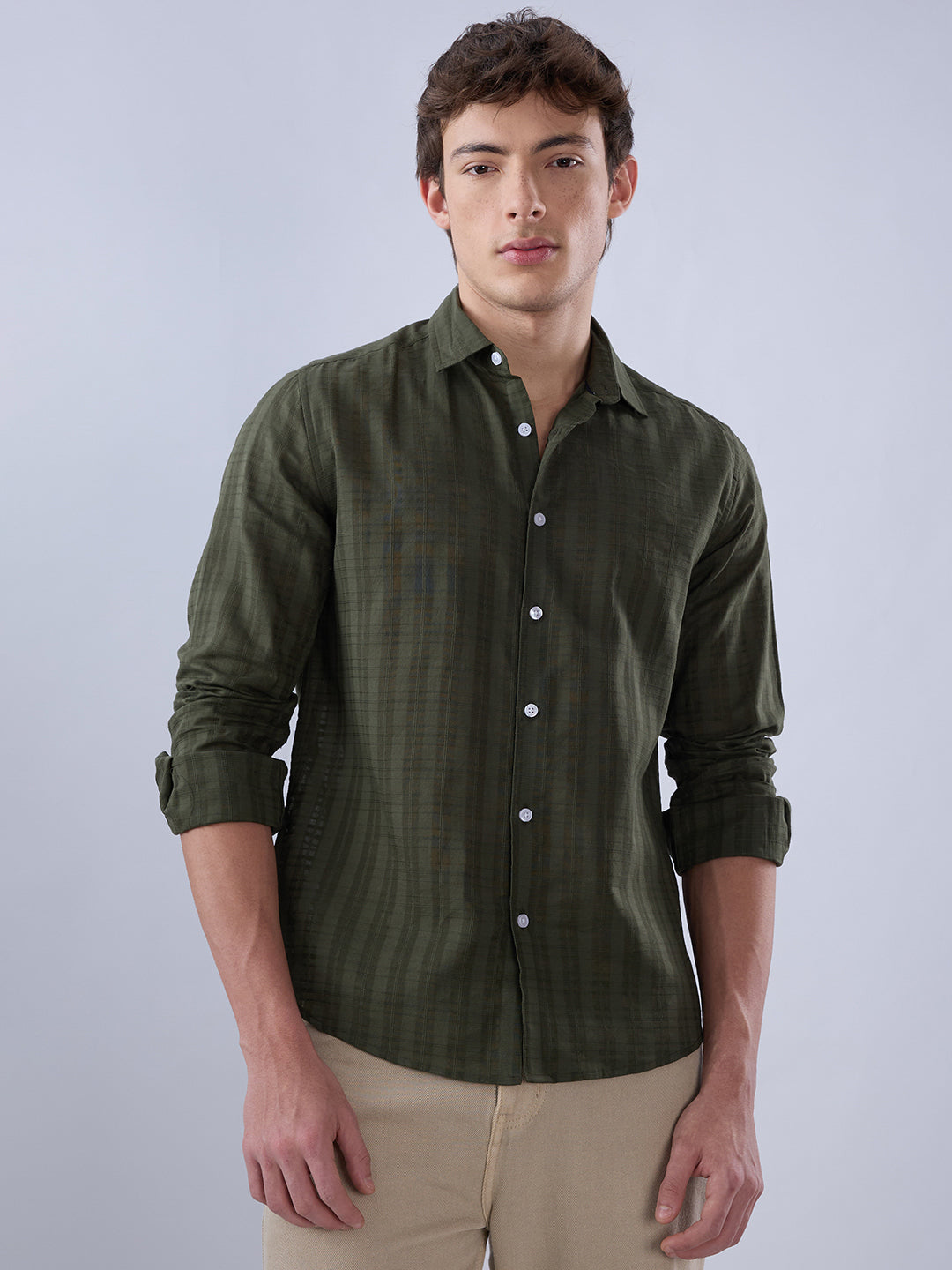 Army Green Textured Striped Shirt