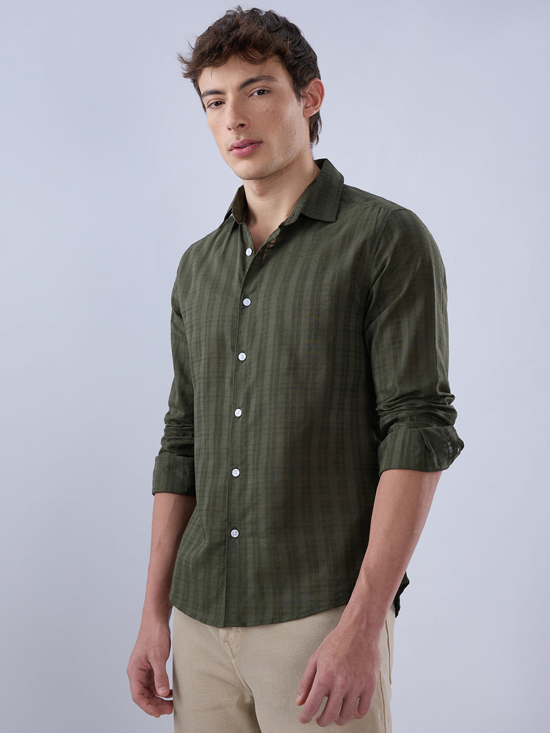 Army Green Textured Striped Shirt